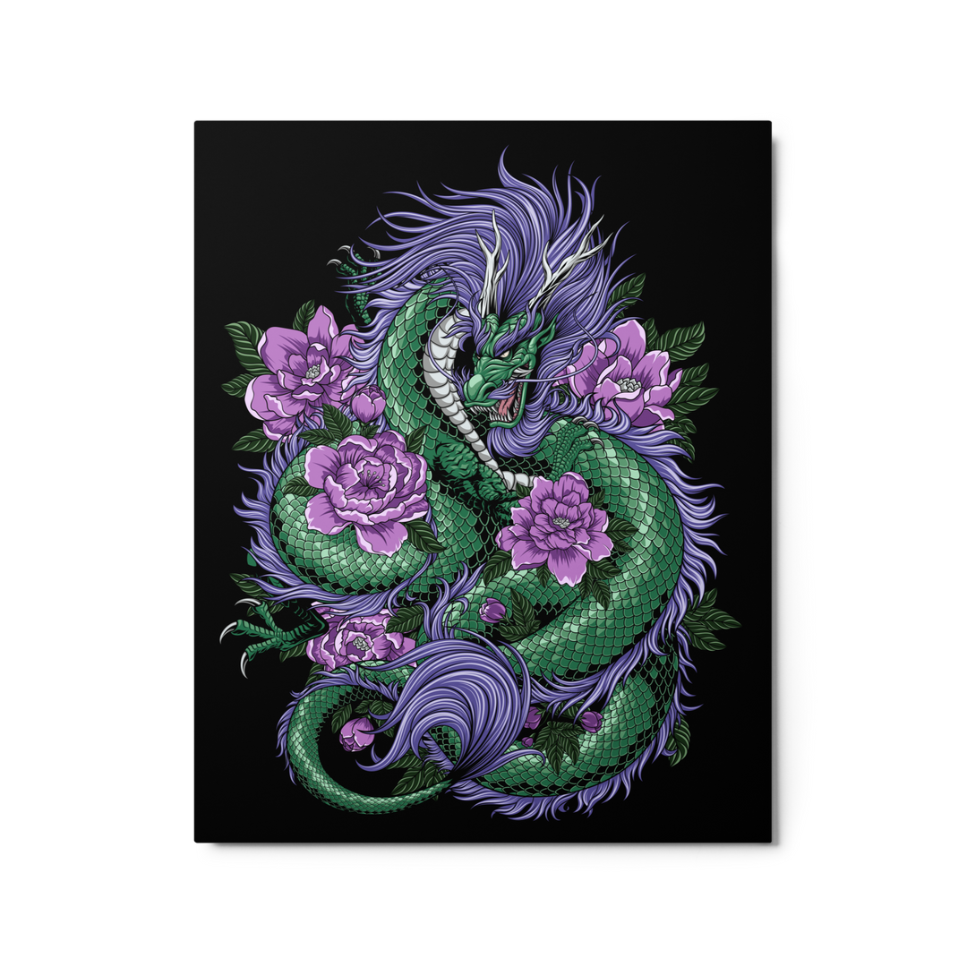 Emerald Dragon Blossom Metal Print featuring an emerald-colored dragon coiled around delicate blossoms, with vivid colors and intricate details.