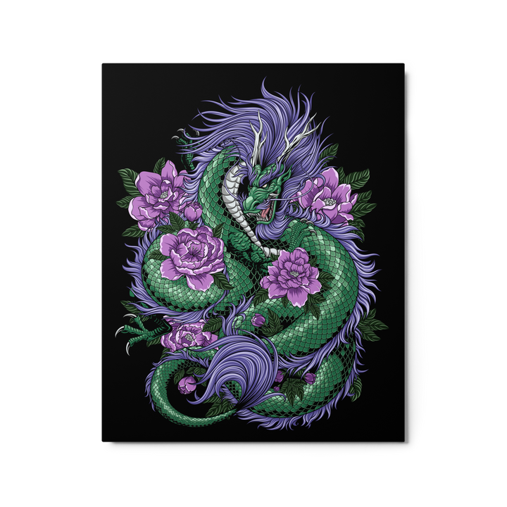 Emerald Dragon Blossom Metal Print featuring an emerald-colored dragon coiled around delicate blossoms, with vivid colors and intricate details.