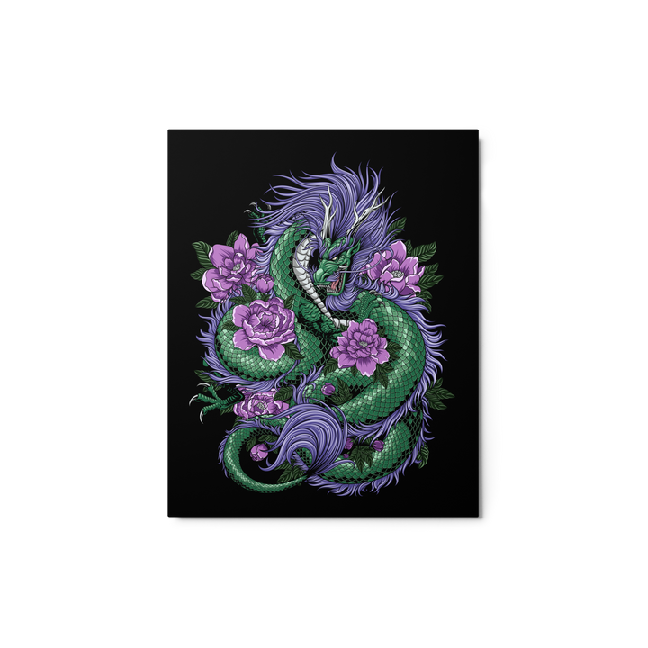 Emerald Dragon Blossom Metal Print featuring an emerald-colored dragon coiled around delicate blossoms, with vivid colors and intricate details.