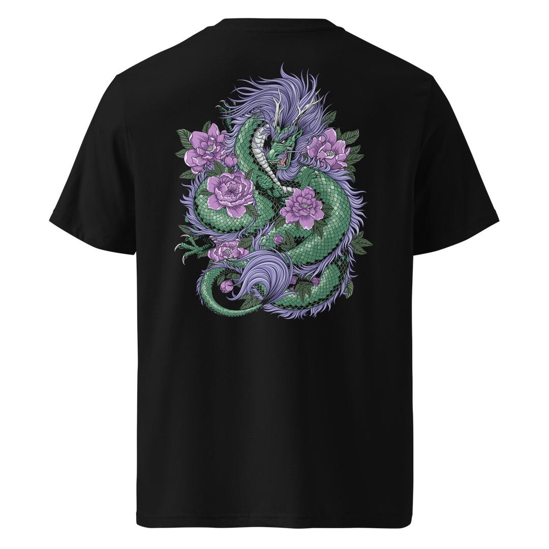 Black t-shirt with Emerald green dragon and pink blooming blossom Irezumi tattoo design on the back, made from 100% organic ring-spun cotton, regular fit with ribbed collar and double-needle stitching for added durability.