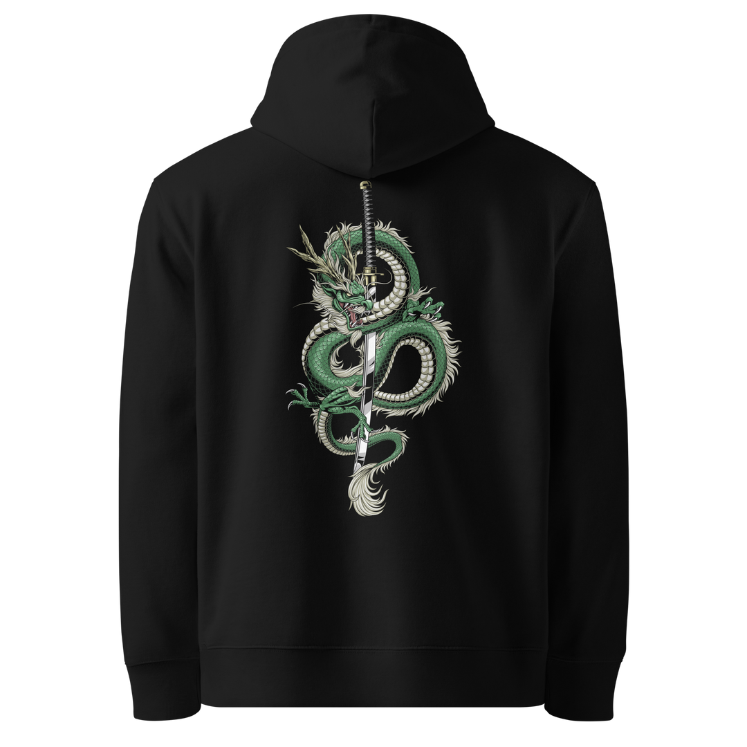 Back view of black hoodie featuring Irezumi tattoo-inspired emerald dragon coiling around a katana design, made from 100% organic cotton, regular fit with ribbed cuffs and hem.