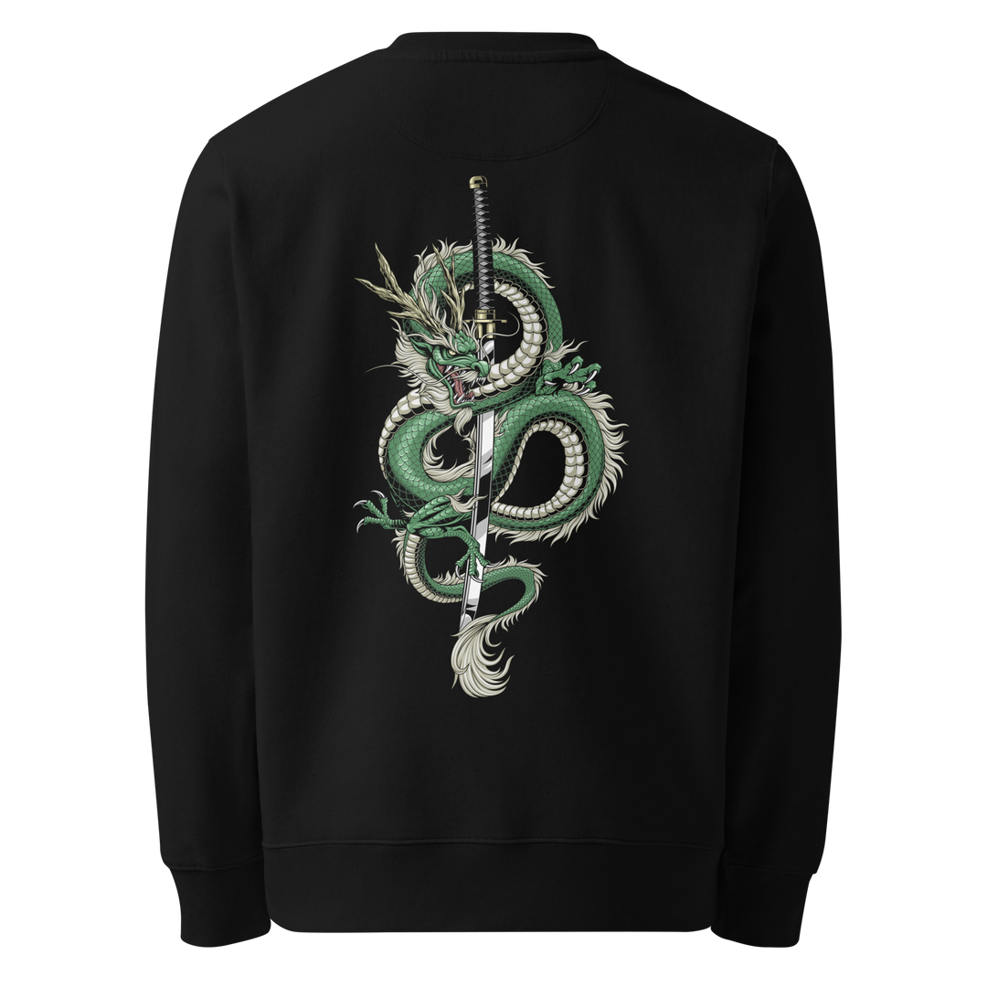 Back view of black sweatshirt featuring Irezumi tattoo-inspired emerald dragon coiling around a katana design, made from 100% organic ring-spun cotton, regular fit with ribbed cuffs and hem.