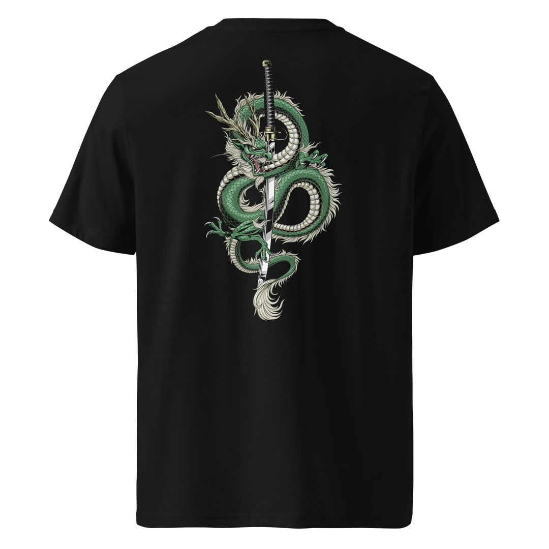 Back view of black t-shirt featuring Irezumi tattoo-inspired emerald dragon coiling around a katana design, made from 100% organic ring-spun cotton, regular fit with ribbed collar and durable double-needle stitching.