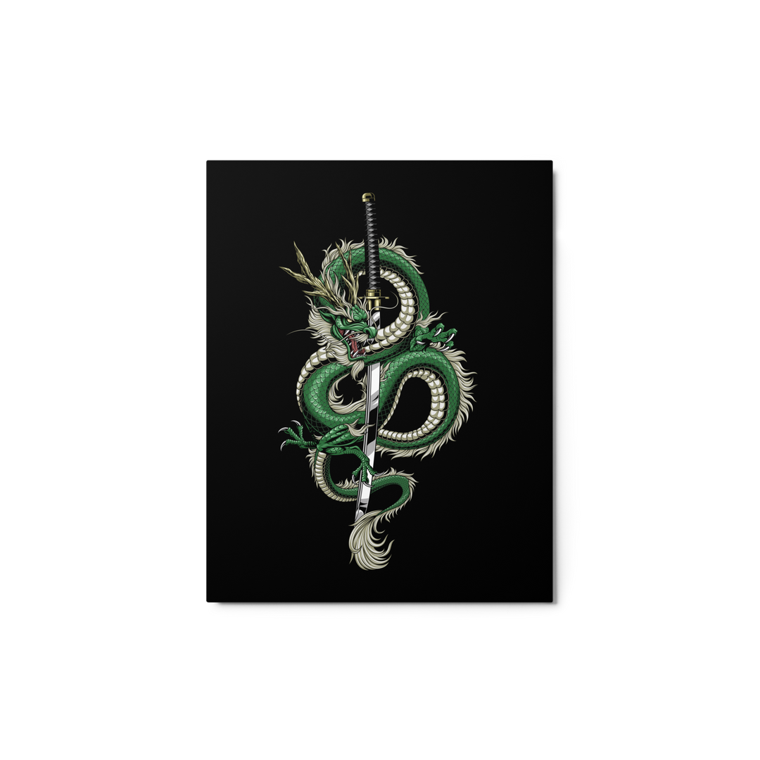 11x14 Metal Print featuring a emerald-toned detailed coiled dragon entwined with a katana, set against a sleek black background.