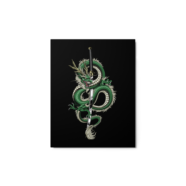 11x14 Metal Print featuring a emerald-toned detailed coiled dragon entwined with a katana, set against a sleek black background.