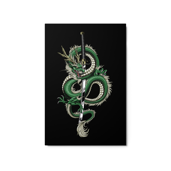 20x30 Metal Print featuring a emerald-toned detailed coiled dragon entwined with a katana, set against a sleek black background.