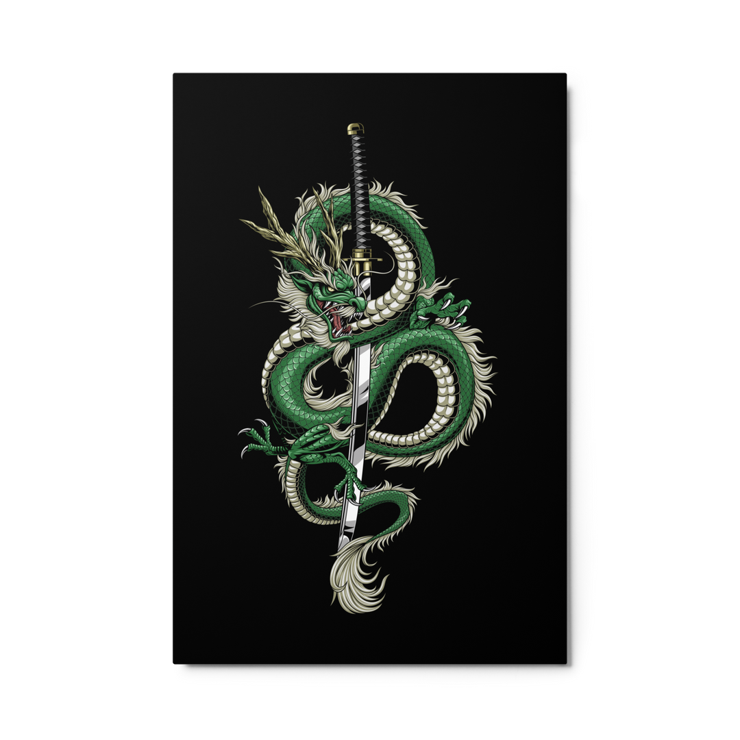 24x36 Metal Print featuring a emerald-toned detailed coiled dragon entwined with a katana, set against a sleek black background.