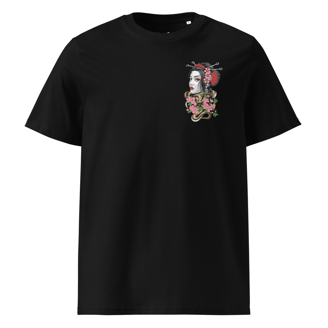 Entwined Elegance Graphic Tee in Black, featuring a left chest print of a Geisha and snake – Japanese streetwear style