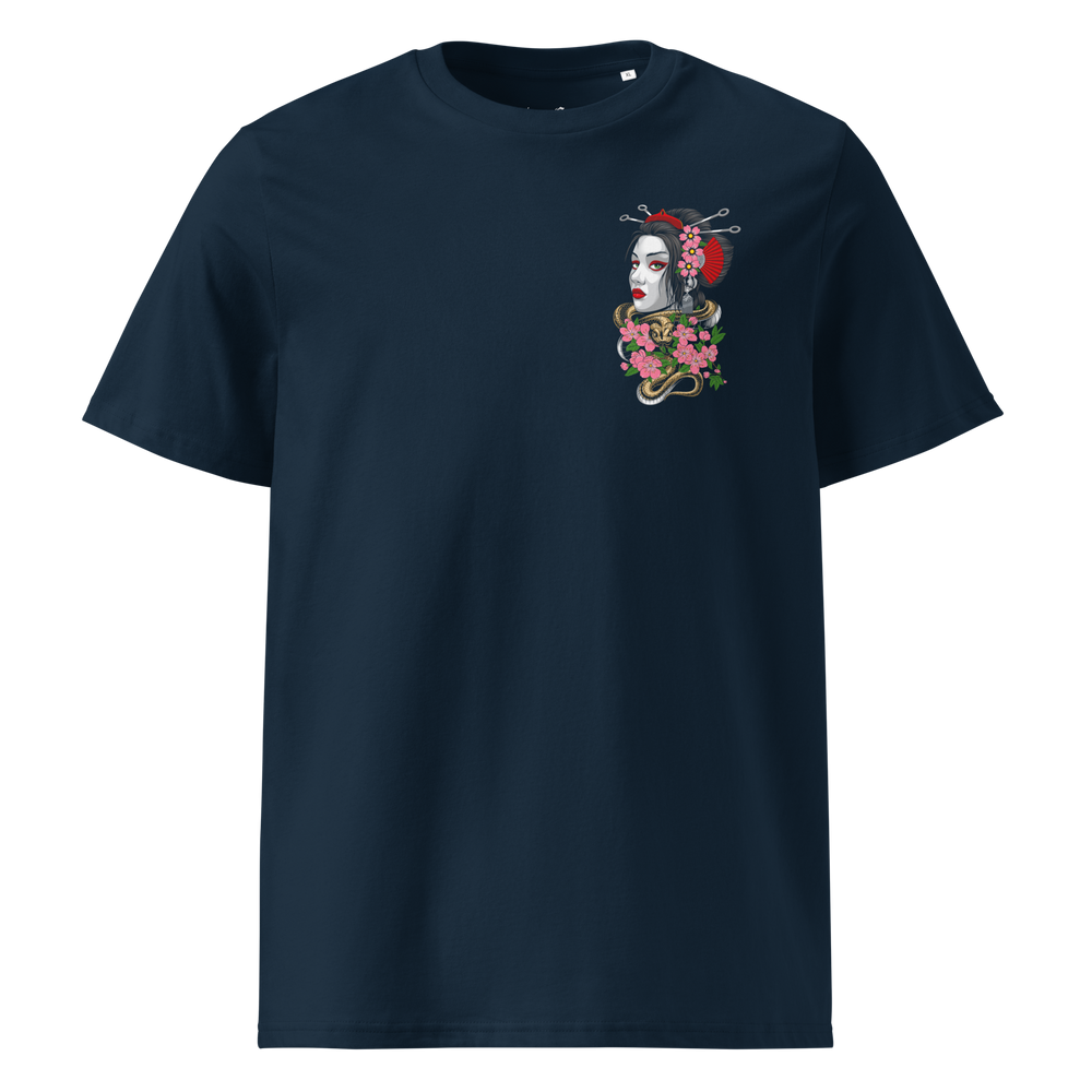 ntwined Elegance Graphic Tee in French Navy, with left chest print of a Geisha and snake – Minimalist Japanese streetwear