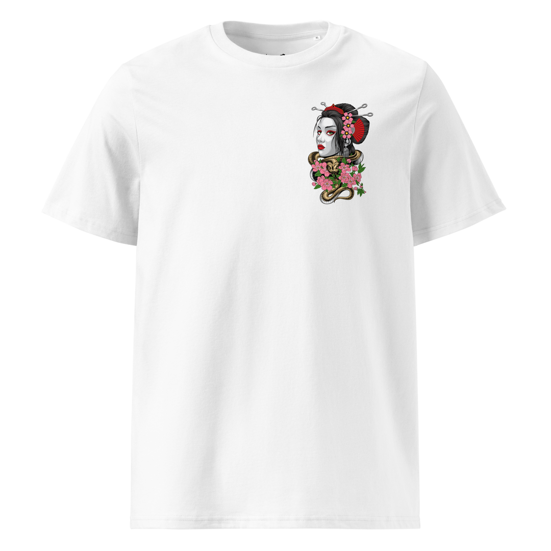 Entwined Elegance Graphic Tee in White, highlighting the left chest print of a Geisha and snake – Eco-friendly Japanese streetwear