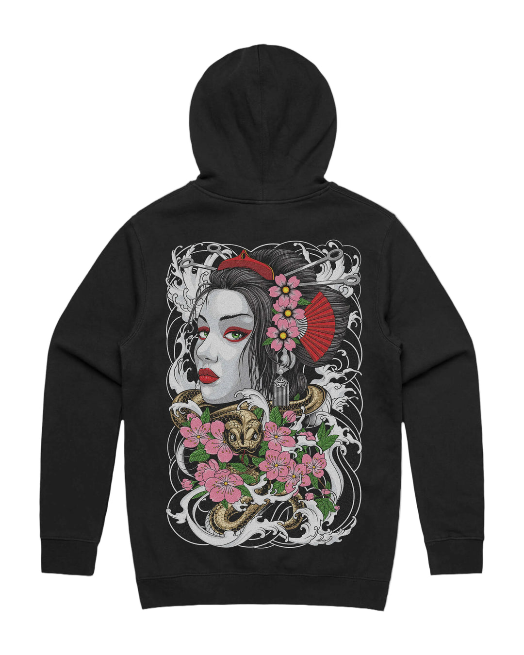 Geisha graphic back print on heavyweight pullover hoodie in black