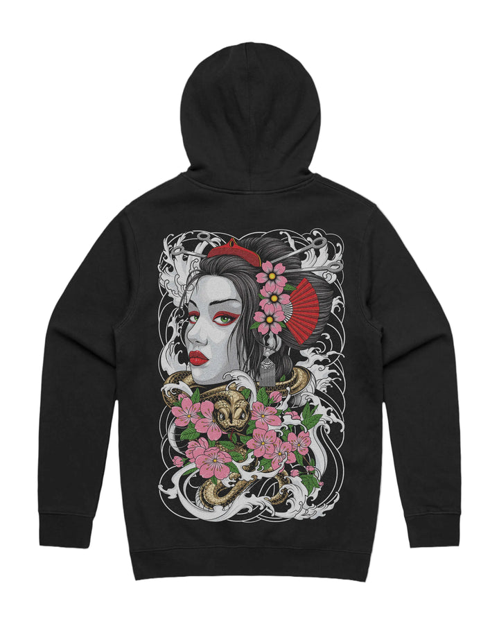 Geisha graphic back print on heavyweight pullover hoodie in black