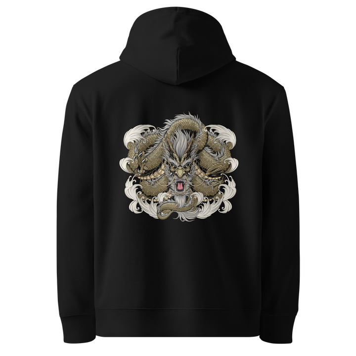 Back view of black hoodie featuring Irezumi tattoo-inspired gold coiled dragon weaving through waves design, made from 100% organic cotton, regular fit with ribbed cuffs and hem.