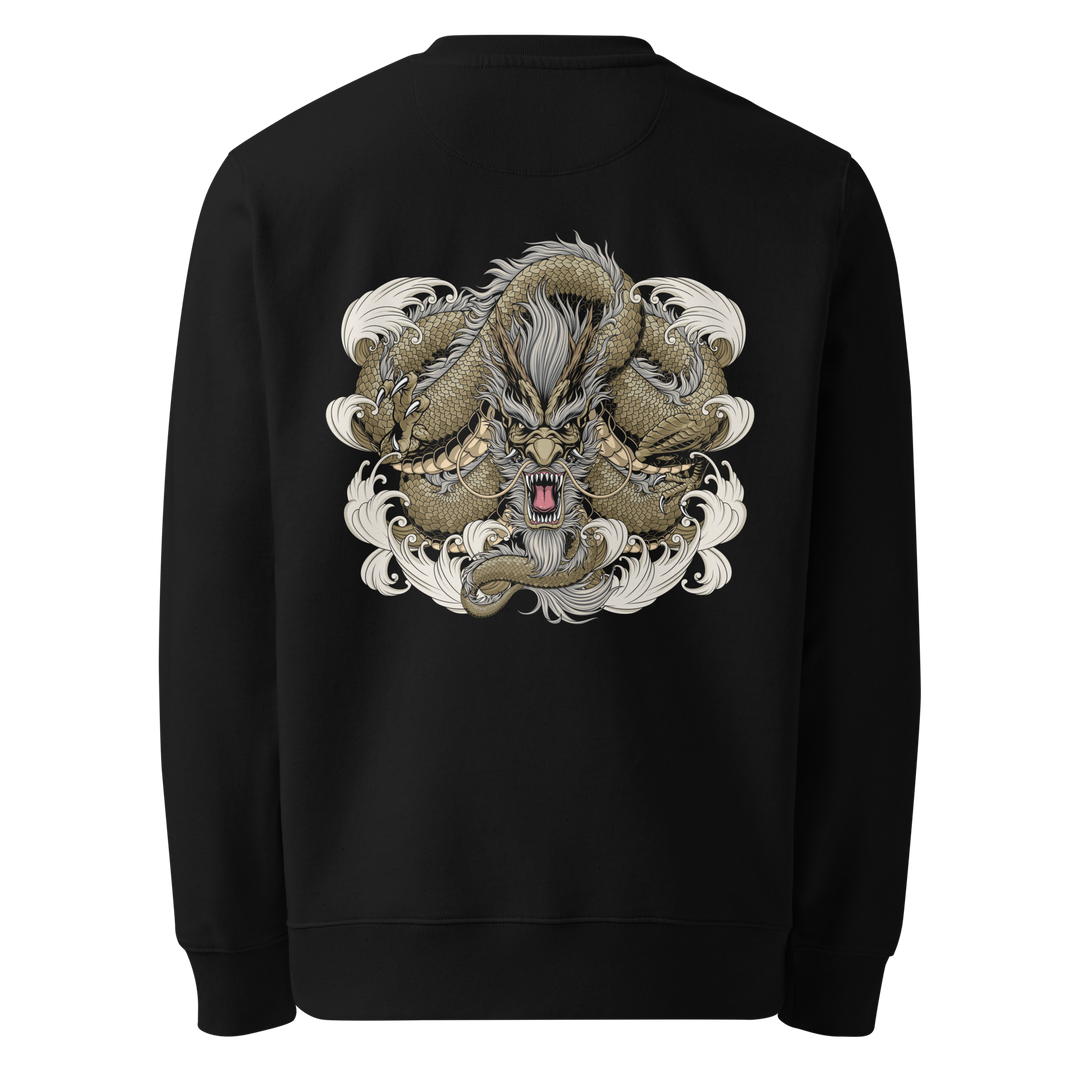 Back view of black sweatshirt featuring Irezumi tattoo-inspired gold coiled dragon through waves design, made from 100% organic ring-spun cotton, regular fit with ribbed cuffs and hem.