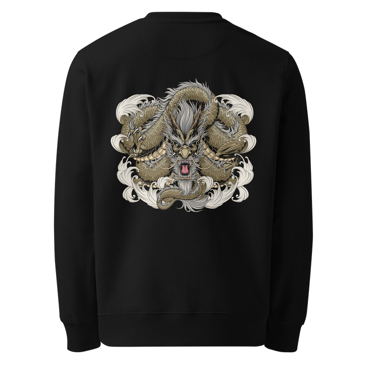 Back view of black sweatshirt featuring Irezumi tattoo-inspired gold coiled dragon through waves design, made from 100% organic ring-spun cotton, regular fit with ribbed cuffs and hem.