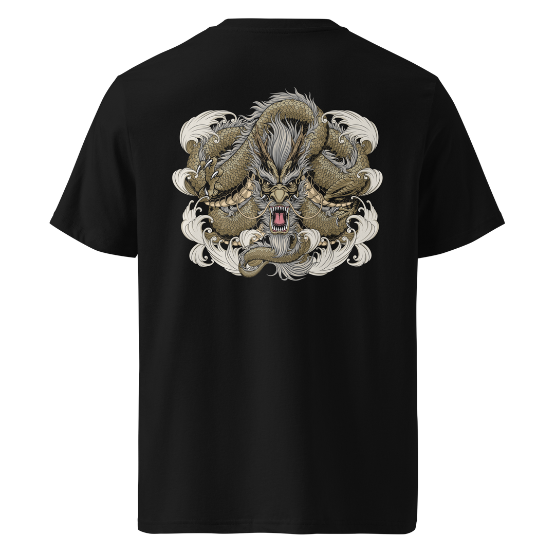 Back view of black t-shirt featuring Irezumi tattoo-inspired gold coiled dragon design, made from 100% organic ring-spun cotton, regular fit with ribbed collar and durable double-needle stitching.