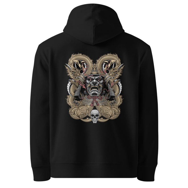 Back view of black hoodie featuring Irezumi tattoo-inspired gold dragons coiling around a samurai mask design, made from 100% organic cotton, regular fit with ribbed cuffs and hem.