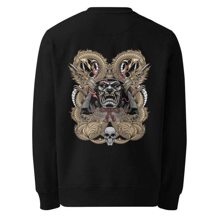 Back view of black sweatshirt featuring Irezumi tattoo-inspired gold dragon coiling around a samurai mask design, made from 100% organic ring-spun cotton, regular fit with ribbed cuffs and hem.