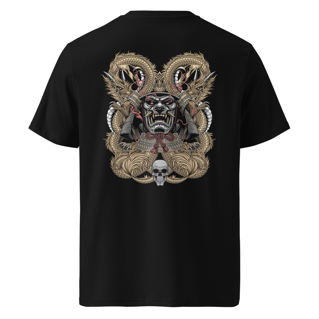 Back view of black t-shirt featuring Irezumi tattoo-inspired gold dragons coiling around a samurai mask design, made from 100% organic ring-spun cotton, regular fit with ribbed collar and durable double-needle stitching.