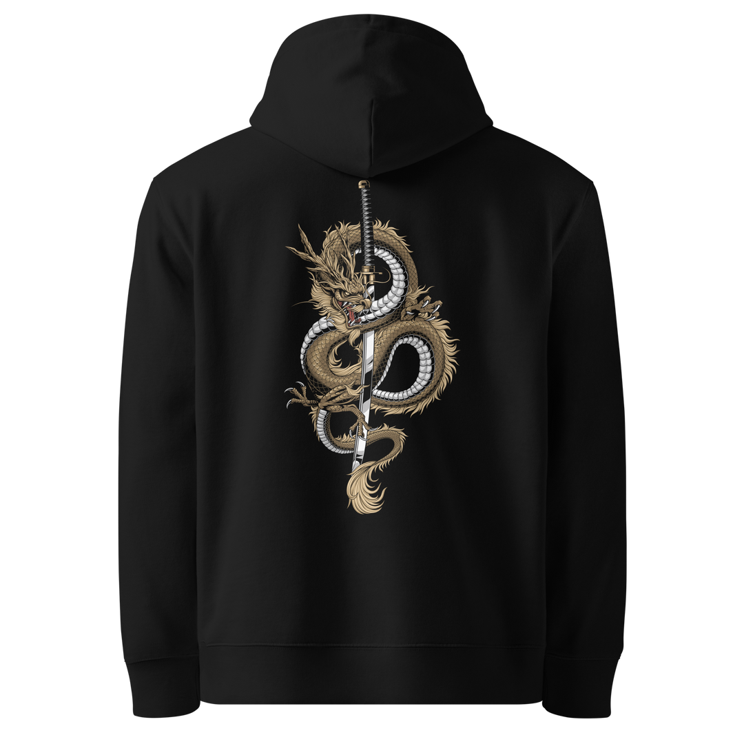 Back view of black hoodie featuring Irezumi tattoo-inspired golden dragon coiling around a katana design, made from 100% organic cotton, regular fit with ribbed cuffs and hem.