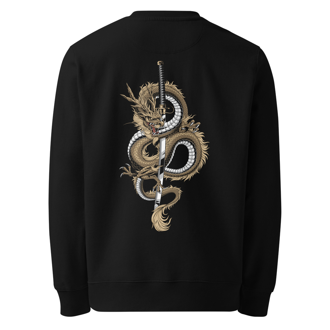 Back view of black sweatshirt featuring Irezumi tattoo-inspired gold dragon coiling around a katana design, made from 100% organic ring-spun cotton, regular fit with ribbed cuffs and hem.