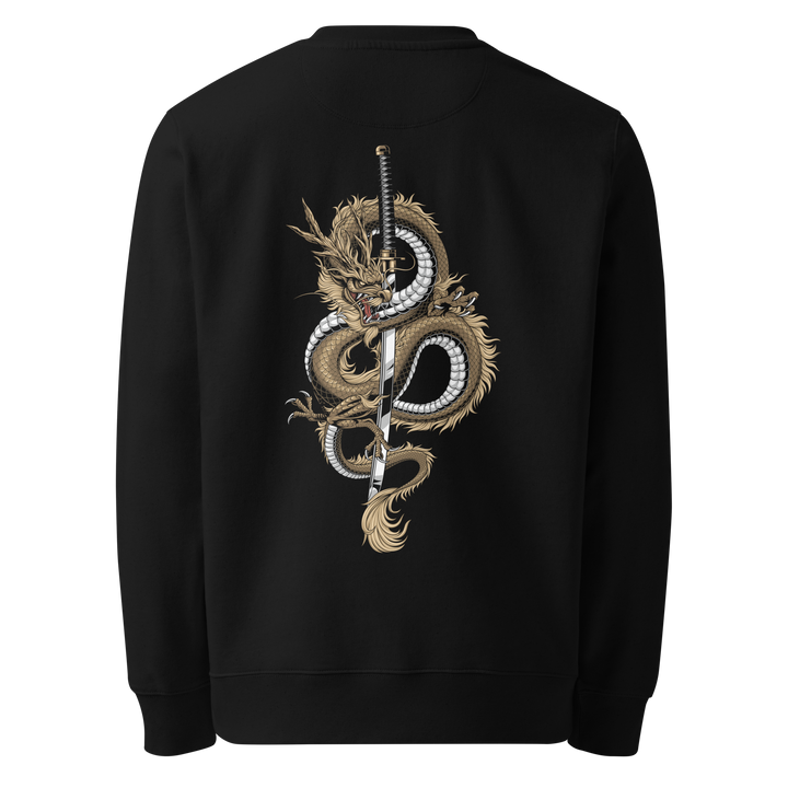 Back view of black sweatshirt featuring Irezumi tattoo-inspired gold dragon coiling around a katana design, made from 100% organic ring-spun cotton, regular fit with ribbed cuffs and hem.