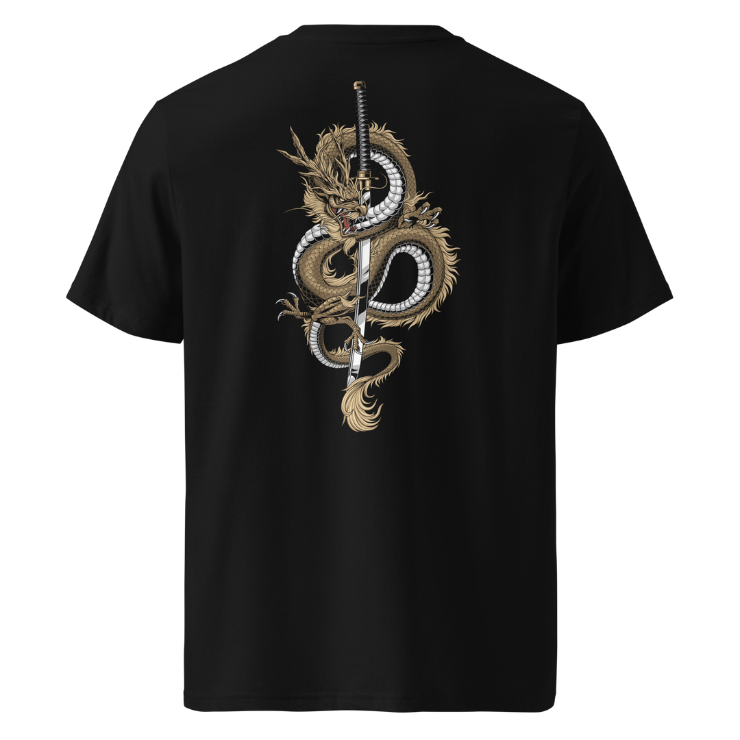 Back view of black t-shirt featuring Irezumi tattoo-inspired gold dragon coiling around a katana design, made from 100% organic ring-spun cotton, regular fit with ribbed collar and durable double-needle stitching.