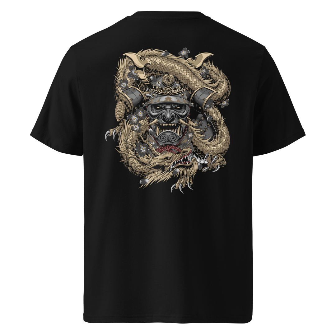 Back view of black t-shirt featuring Irezumi tattoo-inspired samurai mask design, made from 100% organic ring-spun cotton, regular fit with ribbed collar and durable double-needle stitching.