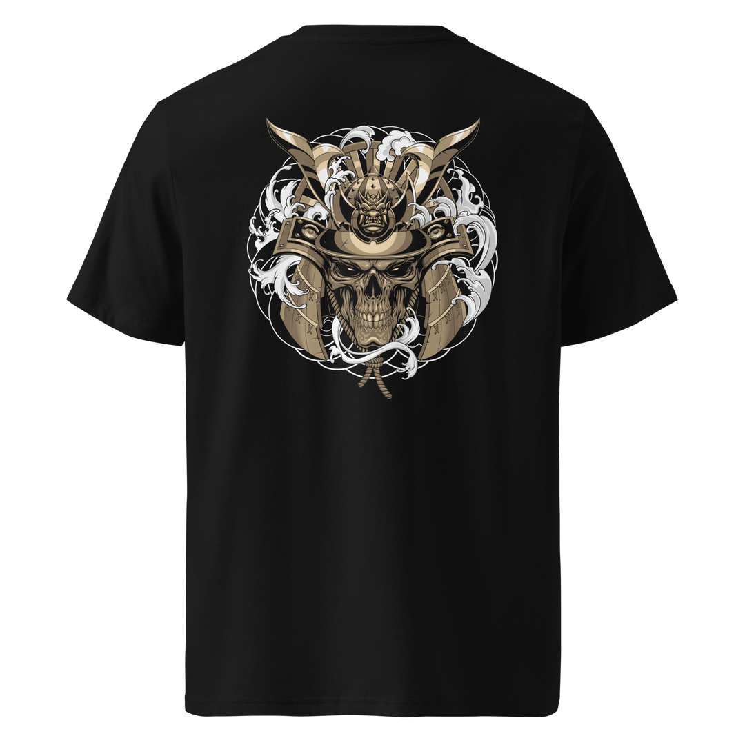 Gold Skull Samurai T-Shirt with a large back print of a samurai skull helmet, adorned with Irezumi-style waves and clouds, inspired by traditional Japanese tattoo art.