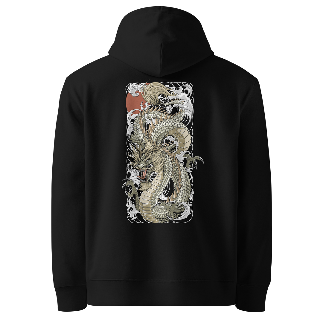 Back view of black hoodie featuring Irezumi tattoo-inspired golden dragon rising through crashing waves design, made from 100% organic cotton, regular fit with ribbed cuffs and hem.