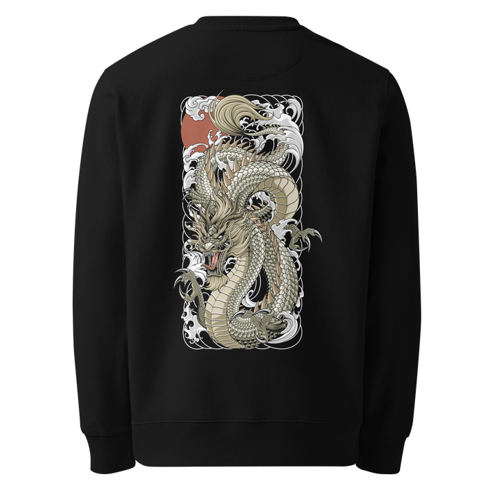 Back view of black sweatshirt featuring Irezumi tattoo-inspired gold tide dragon rising through waves design, made from 100% organic ring-spun cotton, regular fit with ribbed cuffs and hem.