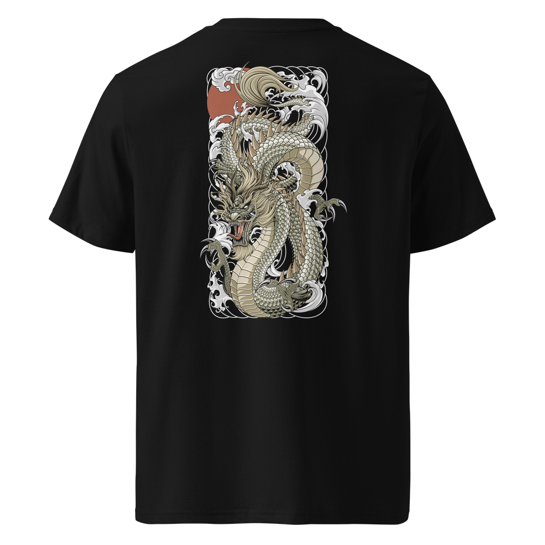 Back view of black t-shirt featuring Irezumi tattoo-inspired gold tide dragon with waves design, made from 100% organic ring-spun cotton, regular fit with ribbed collar and durable double-needle stitching.