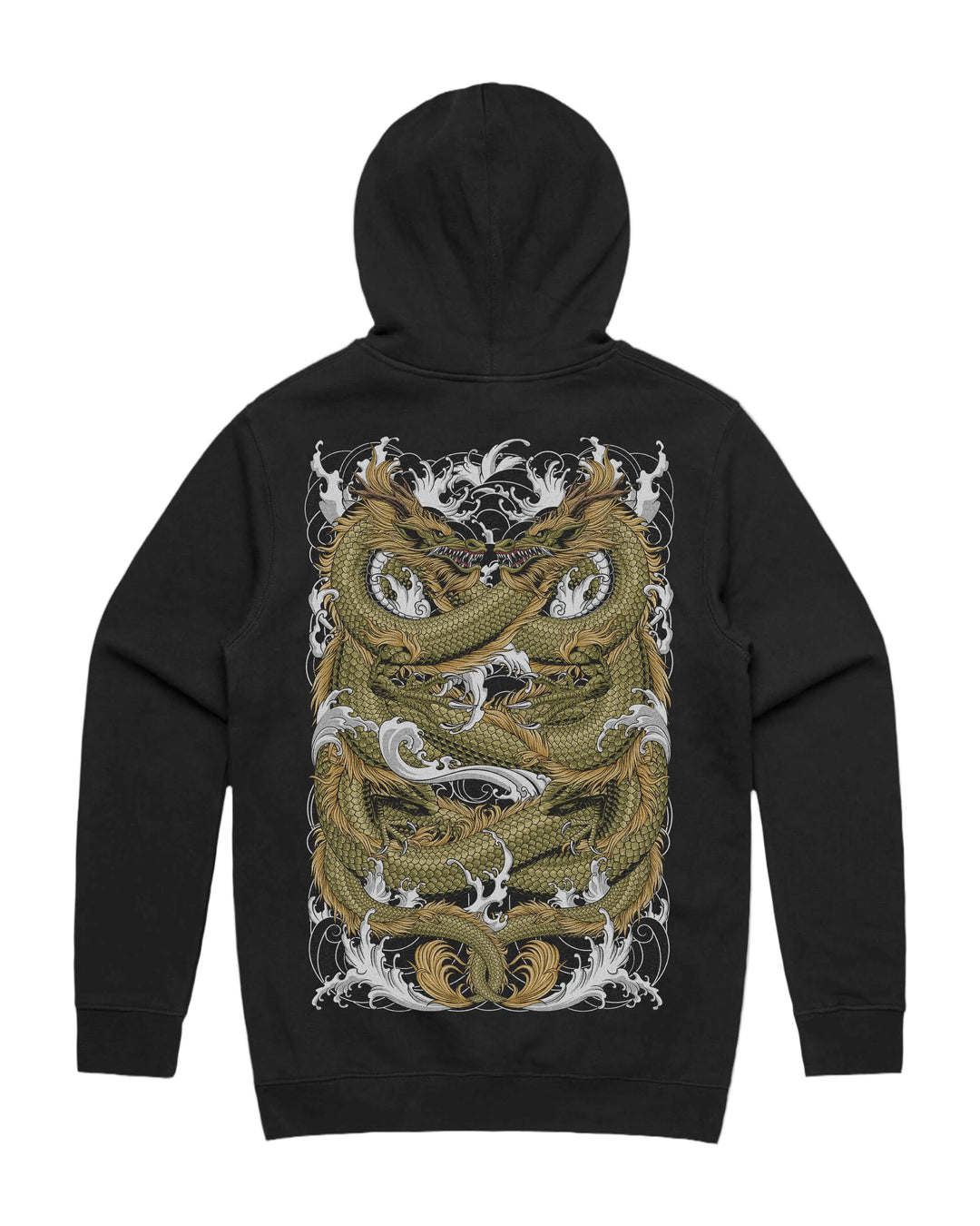 Gold ryu graphic back print on heavyweight pullover hoodie in black