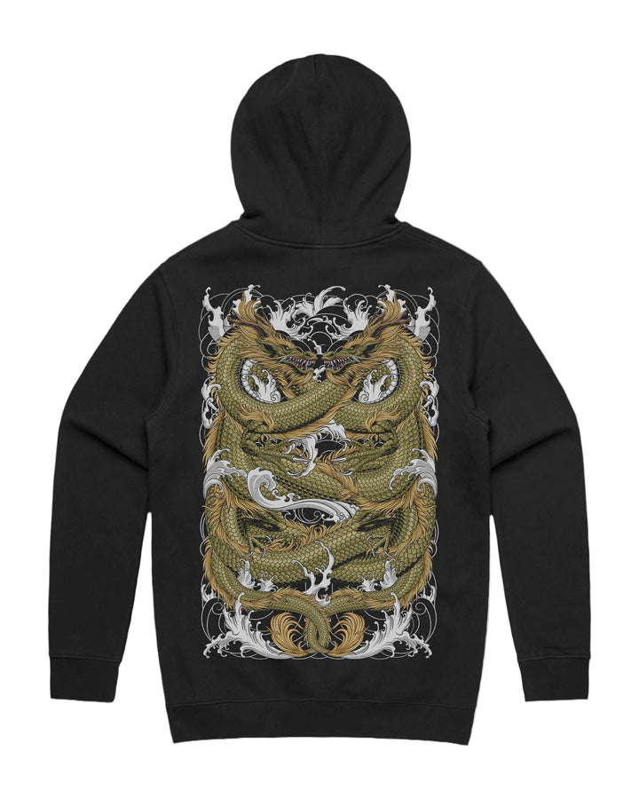 Gold ryu graphic back print on heavyweight pullover hoodie in black