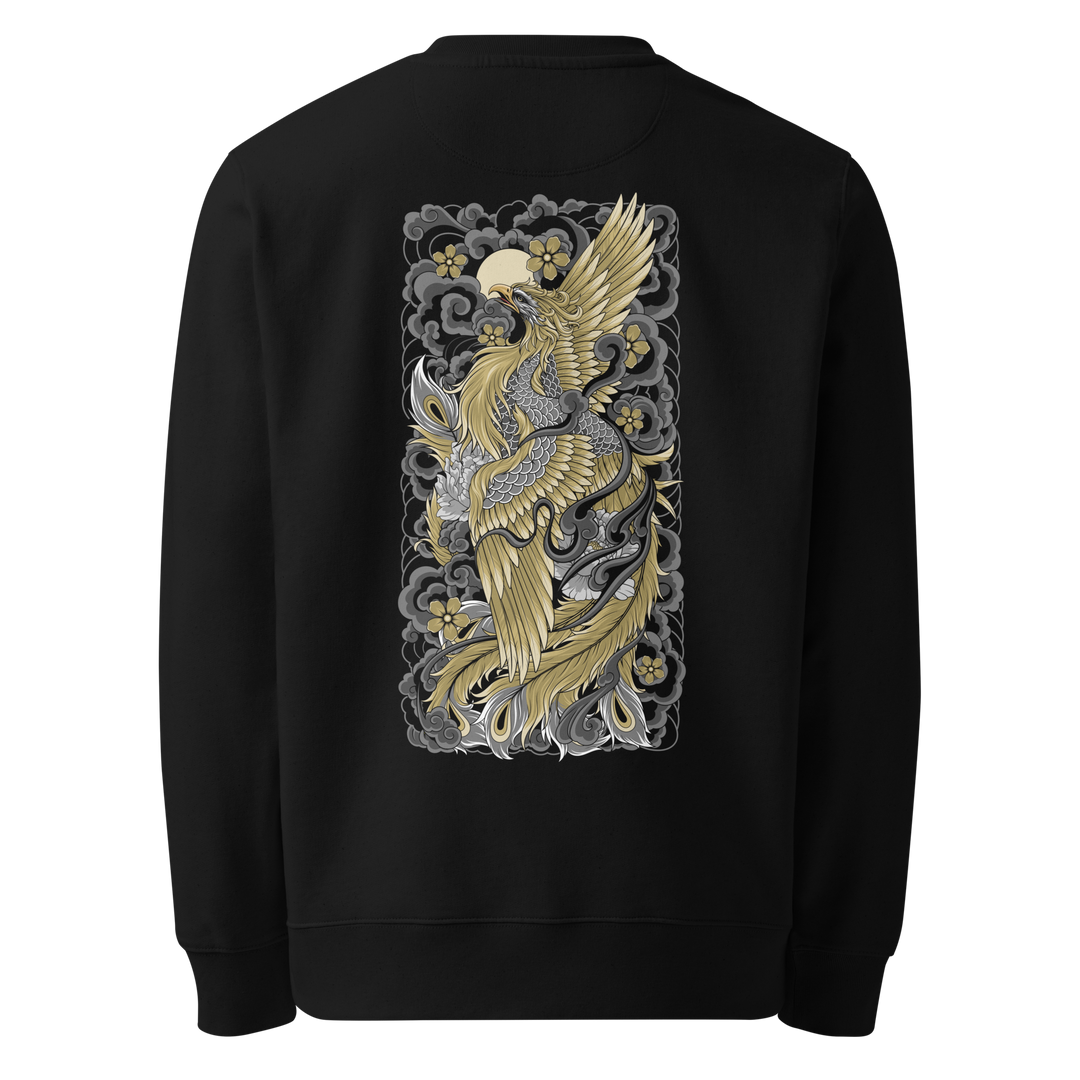 Back view of black sweatshirt featuring Irezumi tattoo-inspired golden phoenix rising from the flames design, made from 100% organic ring-spun cotton, regular fit with ribbed cuffs and hem.