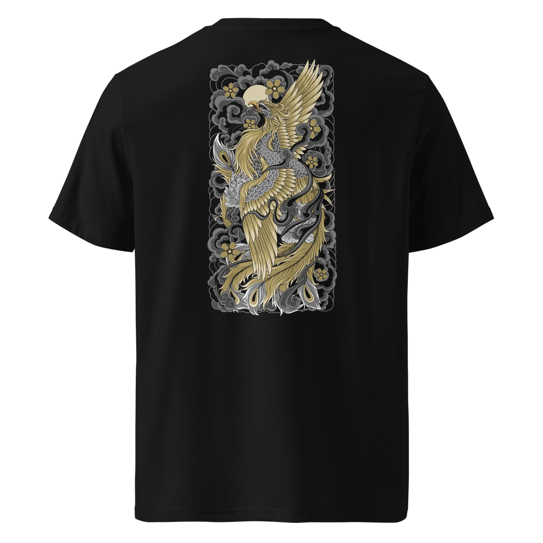 Back view of black t-shirt featuring Irezumi tattoo-inspired golden phoenix ascending design, made from 100% organic ring-spun cotton, regular fit with ribbed collar and durable double-needle stitching.