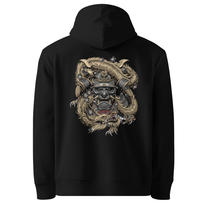 Back view of black hoodie featuring Irezumi tattoo-inspired golden samurai mask embraced by a dragon design, made from 100% organic cotton, regular fit with ribbed cuffs and hem.