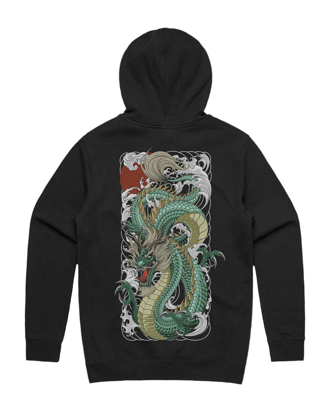 Green dragon graphic back print on heavyweight pullover hoodie in black