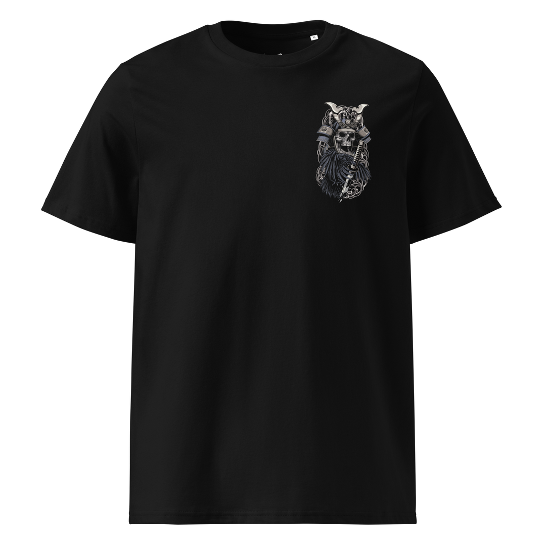 Black Crows of War Samurai Skull Graphic Tee featuring a left chest print of a samurai skull with a crow, inspired by Japanese Irezumi art