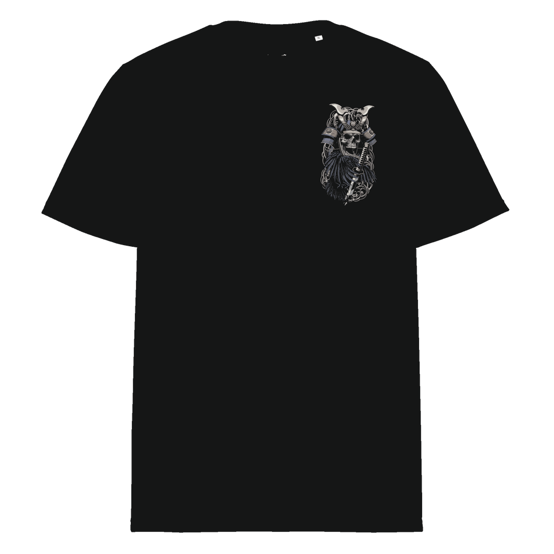 Black Crows of War Samurai Skull Graphic Tee featuring a left chest print of a samurai skull with a crow, inspired by Japanese Irezumi art