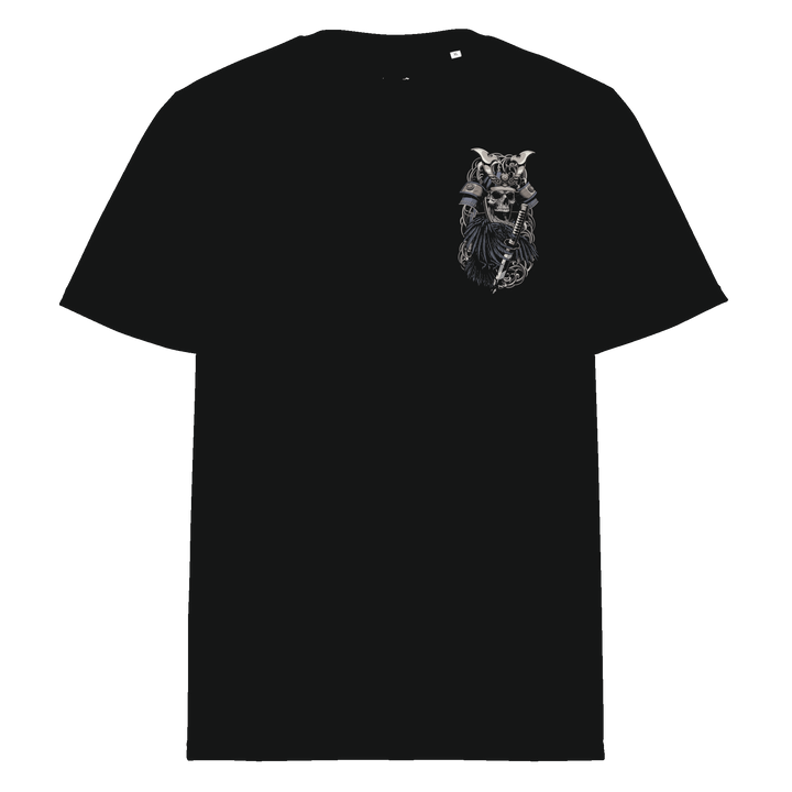 Black Crows of War Samurai Skull Graphic Tee featuring a left chest print of a samurai skull with a crow, inspired by Japanese Irezumi art