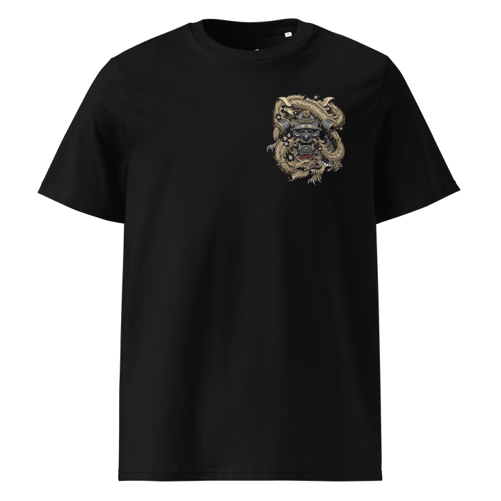 Black Samurai Mask Embraced Graphic Tee featuring a subtle left chest print of a Samurai mask coiled by a dragon, inspired by Japanese Irezumi tattoo art