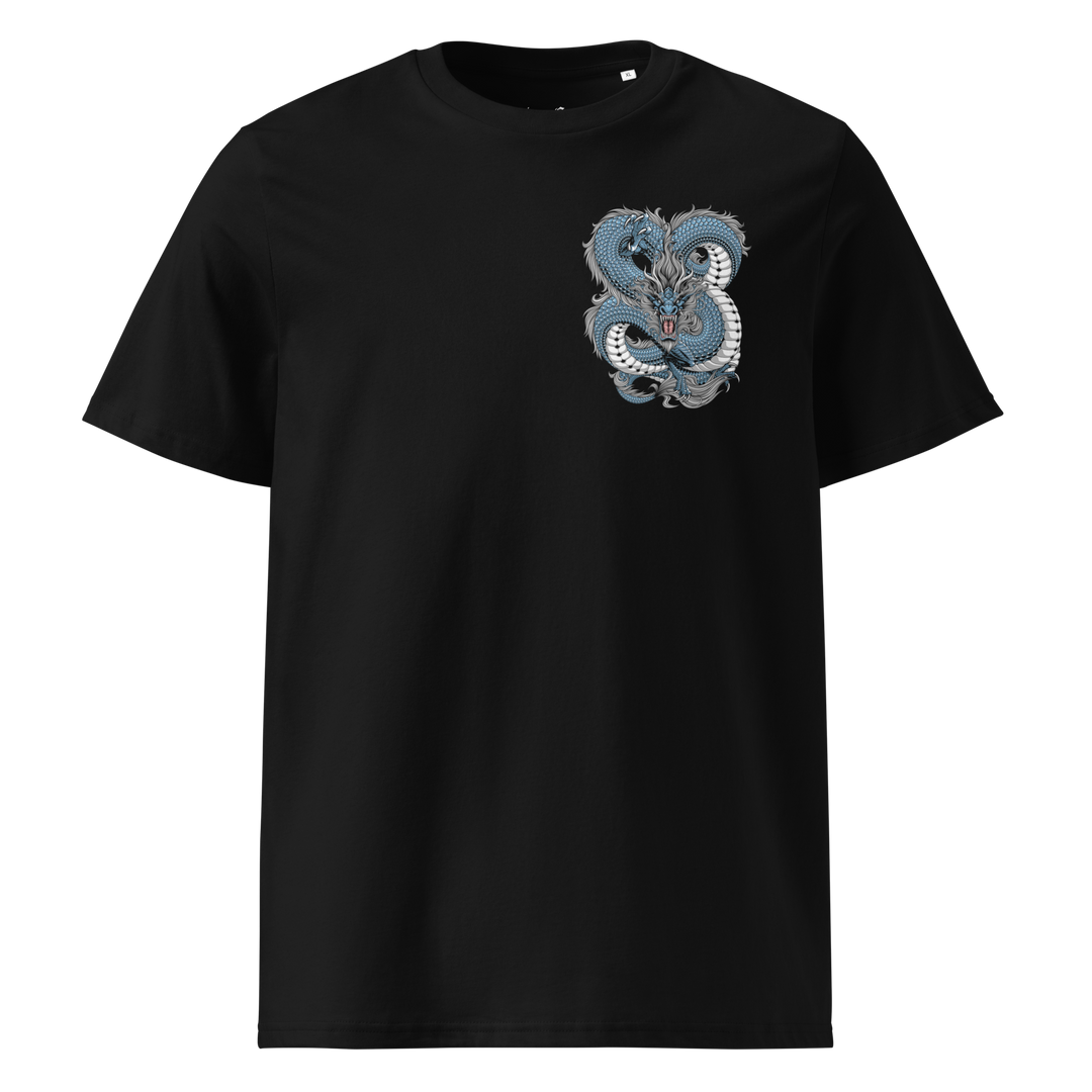 Black Intricate Knots Graphic Tee with left chest coiling dragon design