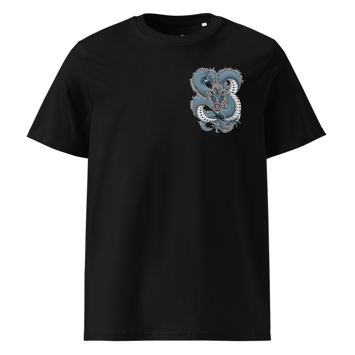 Black Intricate Knots Graphic Tee with left chest coiling dragon design