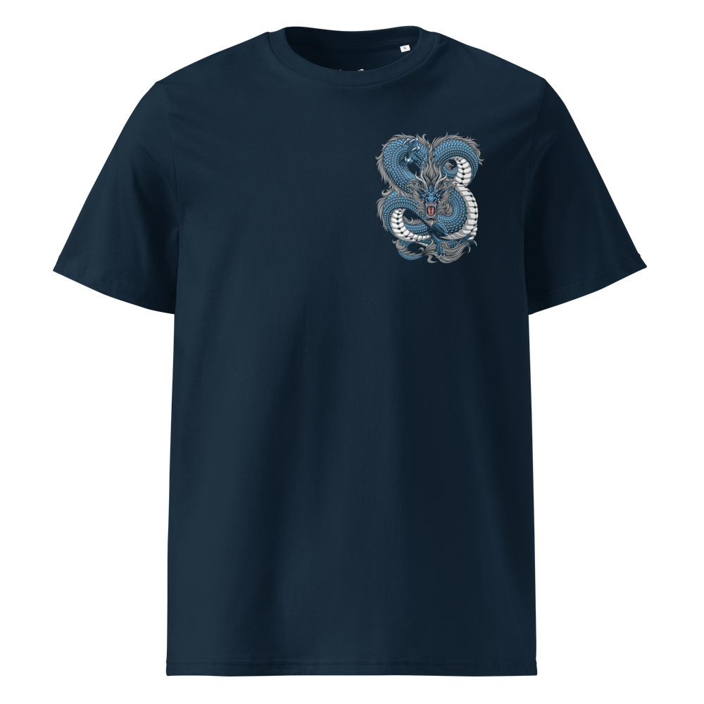 French Navy Intricate Knots Graphic Tee with left chest coiling dragon design