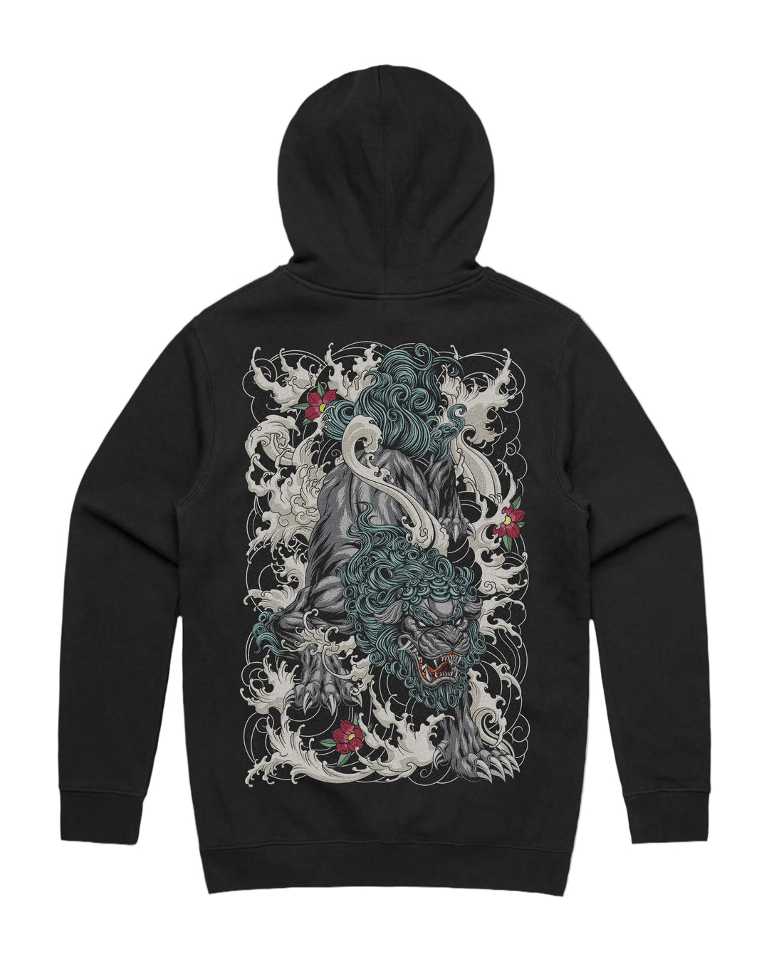Irezumi lion graphic back print on heavyweight pullover hoodie in black