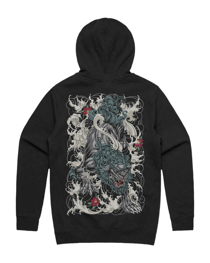Irezumi lion graphic back print on heavyweight pullover hoodie in black