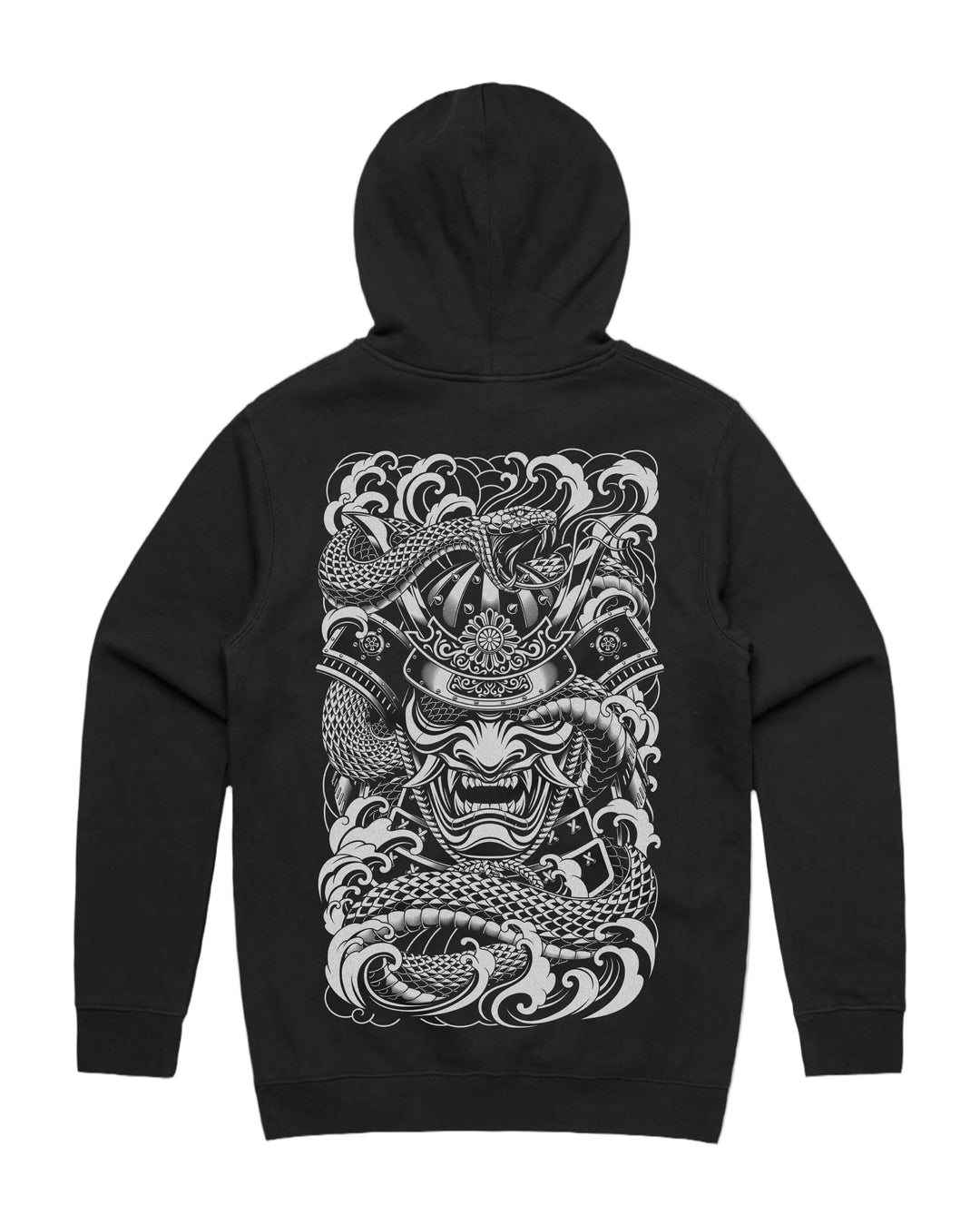 Irezumi samurai graphic back print on heavyweight pullover hoodie in black