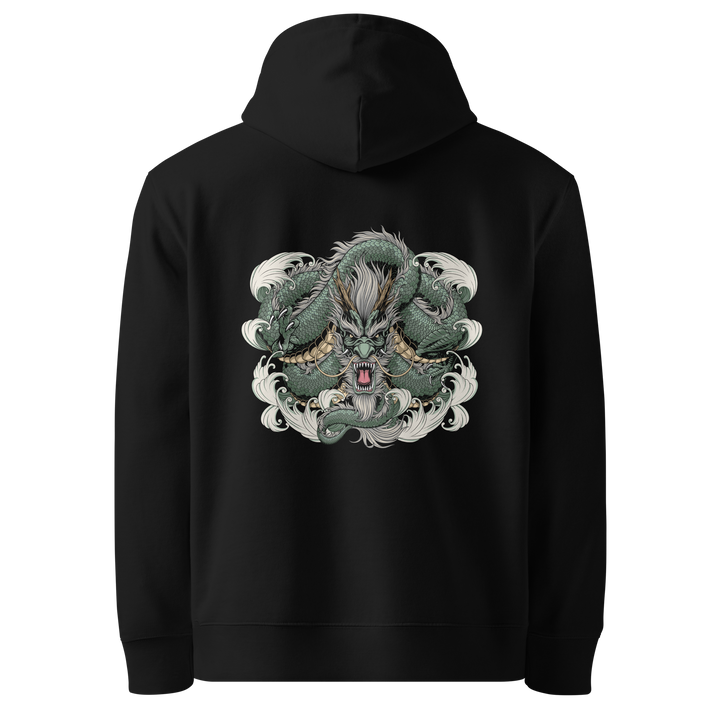 Back view of black hoodie featuring Irezumi tattoo-inspired jade coiled dragon weaving through waves design, made from 100% organic cotton, regular fit with ribbed cuffs and hem.