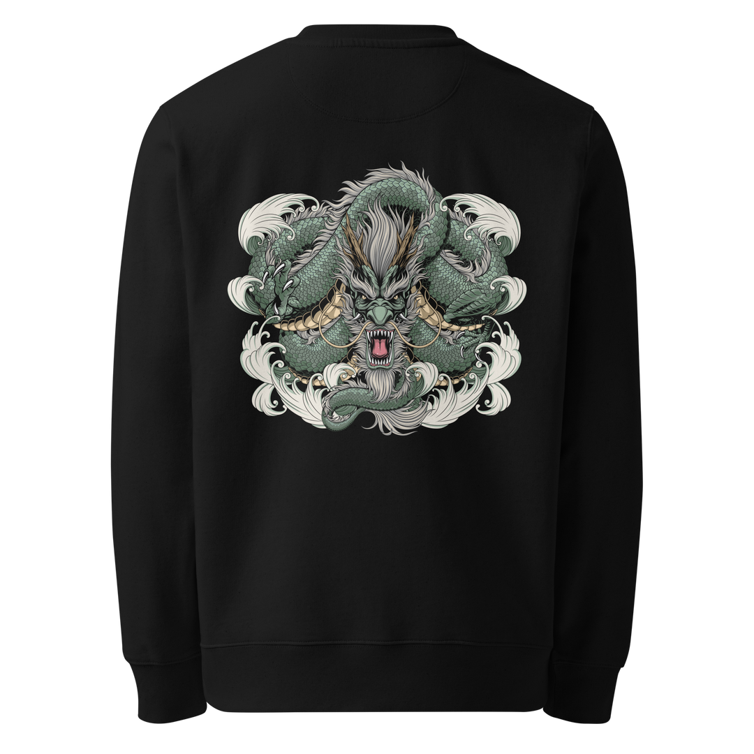 Back view of black sweatshirt featuring Irezumi tattoo-inspired jade coiled dragon through waves design, made from 100% organic ring-spun cotton, regular fit with ribbed cuffs and hem.